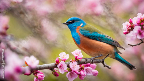 Little spring bird on a branch of a blossoming tree, blooming pink flowers, songbird in springtime