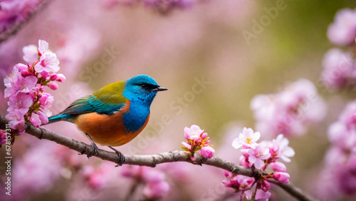 Little spring bird on a branch of a blossoming tree, blooming pink flowers, songbird in springtime