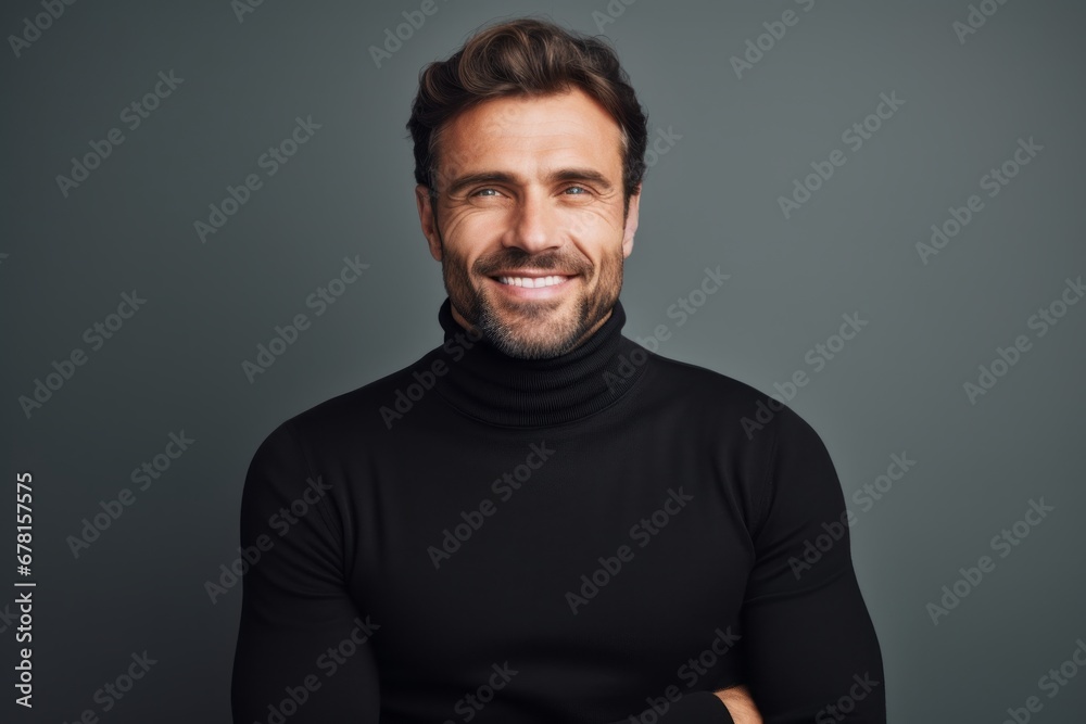 Portrait of a cheerful man in his 30s wearing a classic turtleneck sweater against a modern minimalist interior. AI Generation