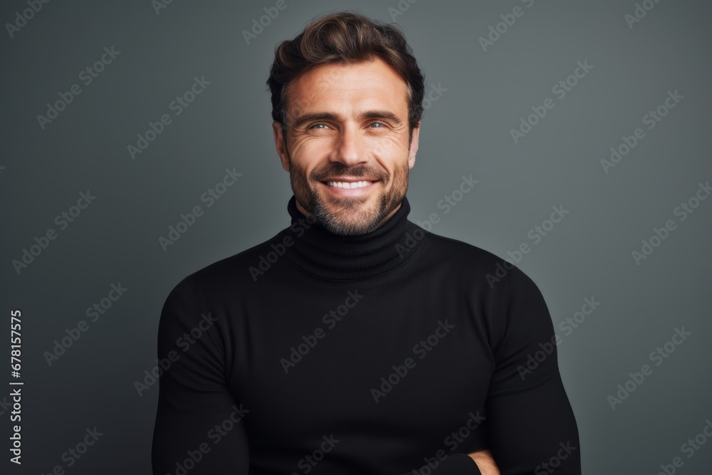 Fototapeta premium Portrait of a cheerful man in his 30s wearing a classic turtleneck sweater against a modern minimalist interior. AI Generation