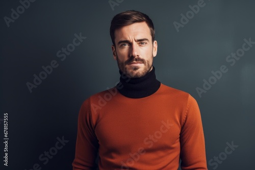 Portrait of a tender man in his 30s wearing a classic turtleneck sweater against a modern minimalist interior. AI Generation