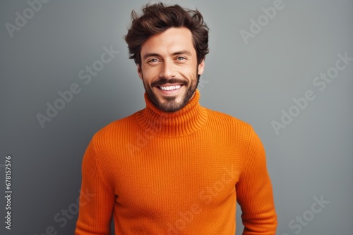 Portrait of a cheerful man in his 30s wearing a classic turtleneck sweater against a modern minimalist interior. AI Generation