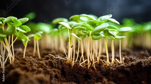 roots and fresh soy leaves. sprouting soybean seeds in the ground photo