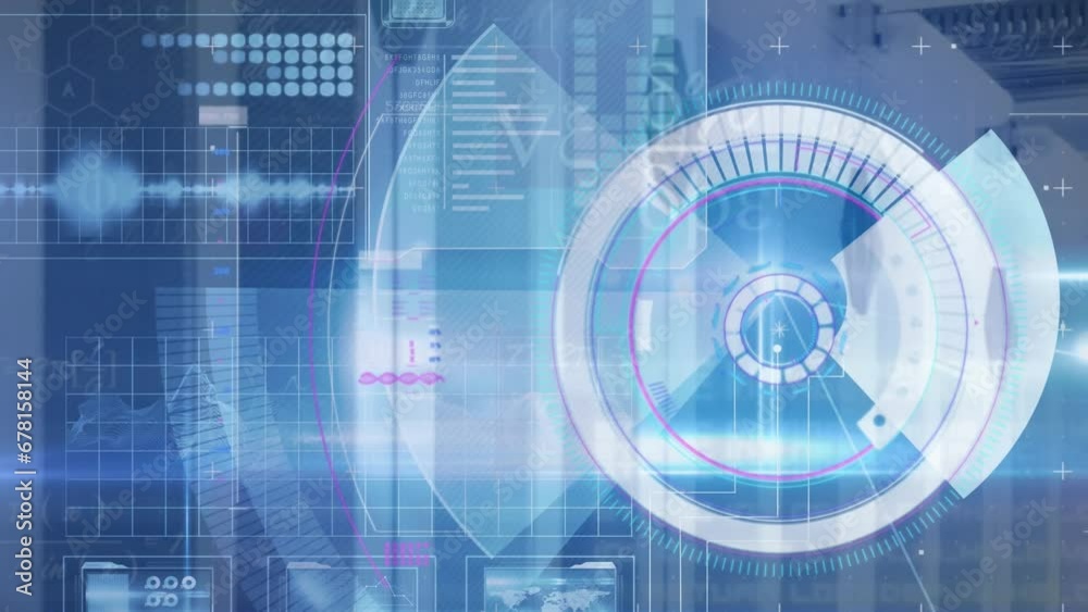 Animation of round scanner, mathematical equations and blue light trails against server room Animation of round scanner, mathematical equations and blue light trails against server room