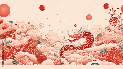 Illustration of a red dragon with traditional Chinese elements on a white background. Design for web, wrapping paper, cover, textile, fabric, wallpaper. Image generated with AI
