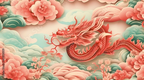 Illustration of a red dragon with traditional Chinese elements on a pink and green pastel background. Design for web, wrapping paper, cover, textile, fabric, wallpaper. Image generated with AI