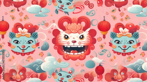 Children's illustration with dragon faces and asian elements on pastel color background for Happy Chinese New Year of the Dragon. Wallpaper. Pattern. Image generated with AI