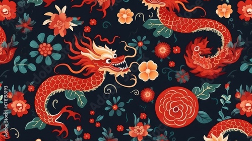 Illustration with red and gold dragons with traditional Chinese elements on a dark blue background. Design for web, wrapping paper, cover, textile, fabric, wallpaper. Image generated with AI