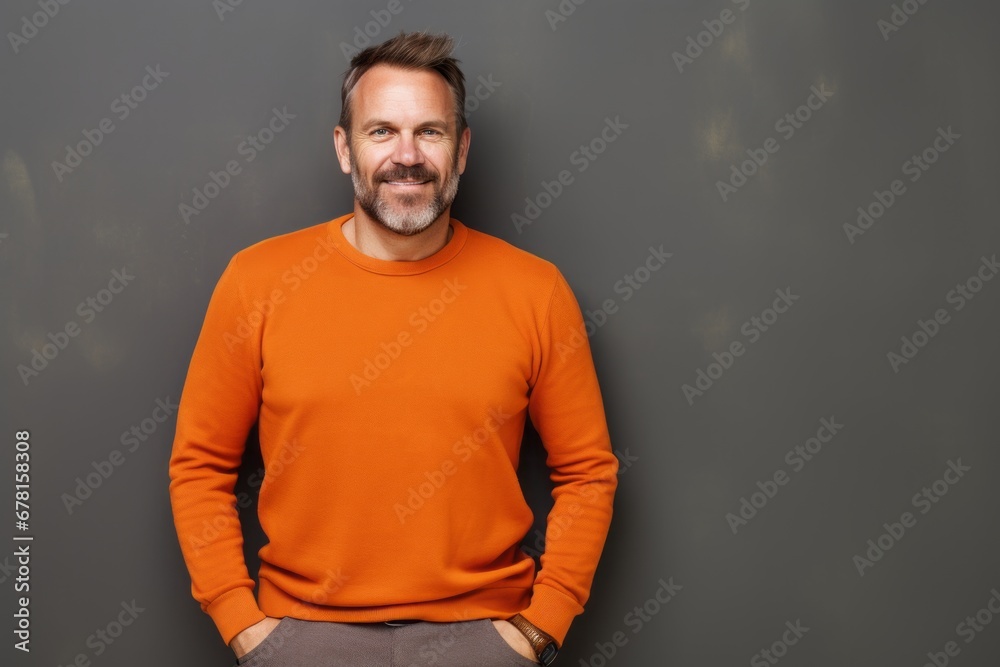 Portrait of a glad man in his 40s wearing a thermal fleece pullover against a modern minimalist interior. AI Generation