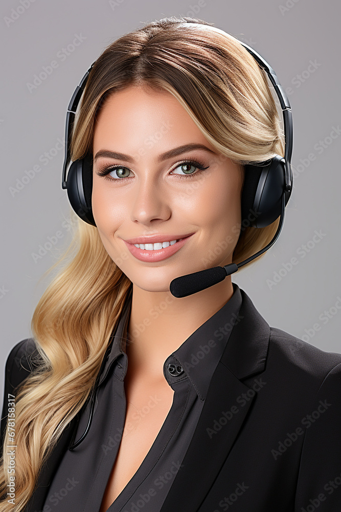 Smiling woman with headset working in a call center. A girl with a microphone and headphones consults clients from the office Smiling woman with headset working in a call center. A girl with a microphone and headphones consults clients from the office