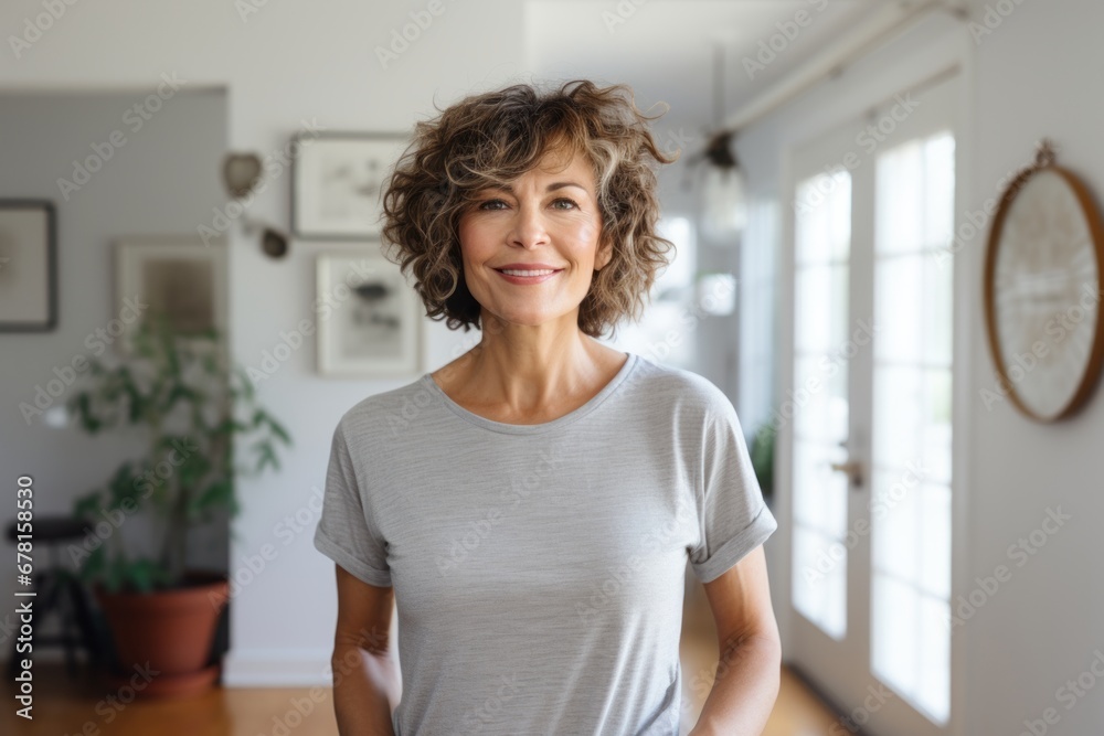 Portrait of a satisfied woman in her 50s sporting a vintage band t-shirt against a modern minimalist interior. AI Generation Portrait of a satisfied woman in her 50s sporting a vintage band t-shirt against a modern minimalist interior. AI Generation