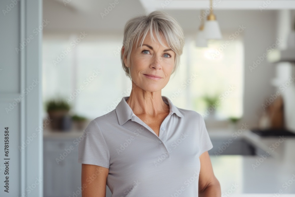 Portrait of a tender woman in her 50s wearing a sporty polo shirt against a modern minimalist interior. AI Generation Portrait of a tender woman in her 50s wearing a sporty polo shirt against a modern minimalist interior. AI Generation