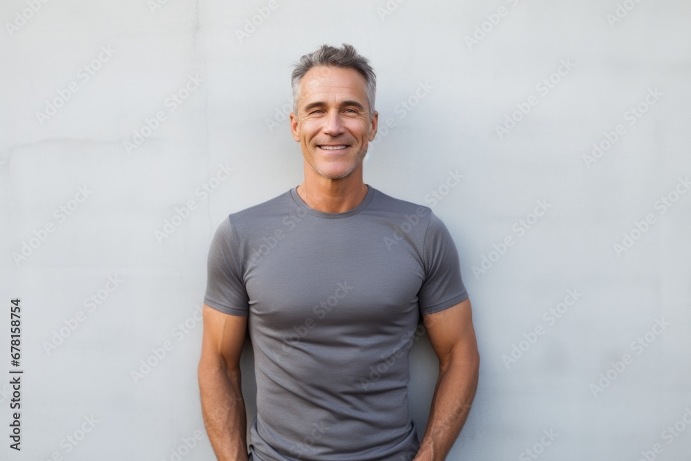 Portrait of a joyful man in his 50s showing off a lightweight base layer against a modern minimalist interior. AI Generation