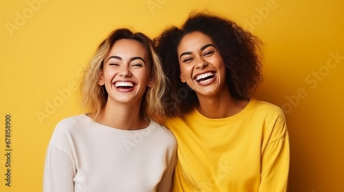 authentic idea of human feelings. Positive, ecstatic young ladies who are happy, feel delight, laugh heartily, and smile toothily