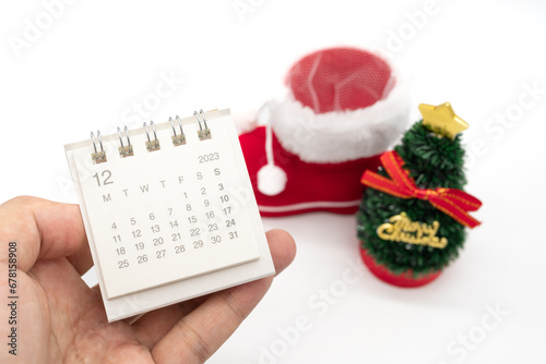 December's calendar, Christmas Tree with Santa's shoe isolated on white background. Christmas background.