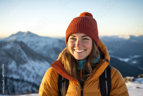 Portrait of a cheerful woman in her 30s dressed in a warm ski hat against a snowy mountain range. AI Generation
