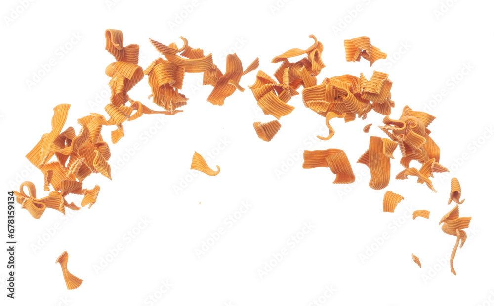 Instant Noodle snack fly explosion, yellow instant noodle snack float explode, abstract cloud fly. Curved dried instant noodles snack splash throwing in Air. White background Isolated Instant Noodle snack fly explosion, yellow instant noodle snack float explode, abstract cloud fly. Curved dried instant noodles snack splash throwing in Air. White background Isolated