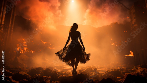 girl in a dress in a fire.