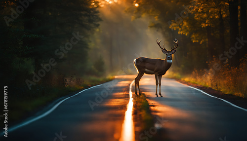 A deer in the early morning or evening is seen standing on the road next to a woodland. transportation, animals, and road hazards
