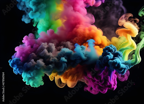 Rainbow color smoke against a black background. Generative AI