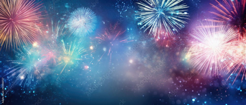 Fototapeta premium Colorful fireworks with bokeh lights on dark blue sky background.