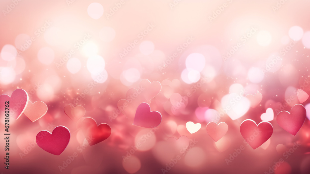Romantic banner backdrop with multiple red and pink heart shapes creating a dreamy bokeh effect with copy space for text. Saint Valentine's Day concept