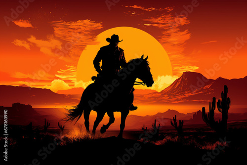 Rodeo cowboy silhouette in sunset