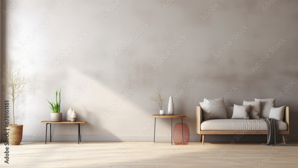 Obraz na płótnie Minimal interior design in Scandinavian style indoor living room with sofa coffee table and vases on big light wall. Mock up template copy space for text w salonie
