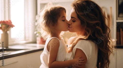 Happiness is homemade. Sunshiny daughter and her mom grinning broadly into the camera while embracing and enjoying a happy family moment spent together photo