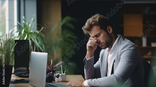 Tired man in the office at her laptop with a headache. Not feeling well. Stress at work