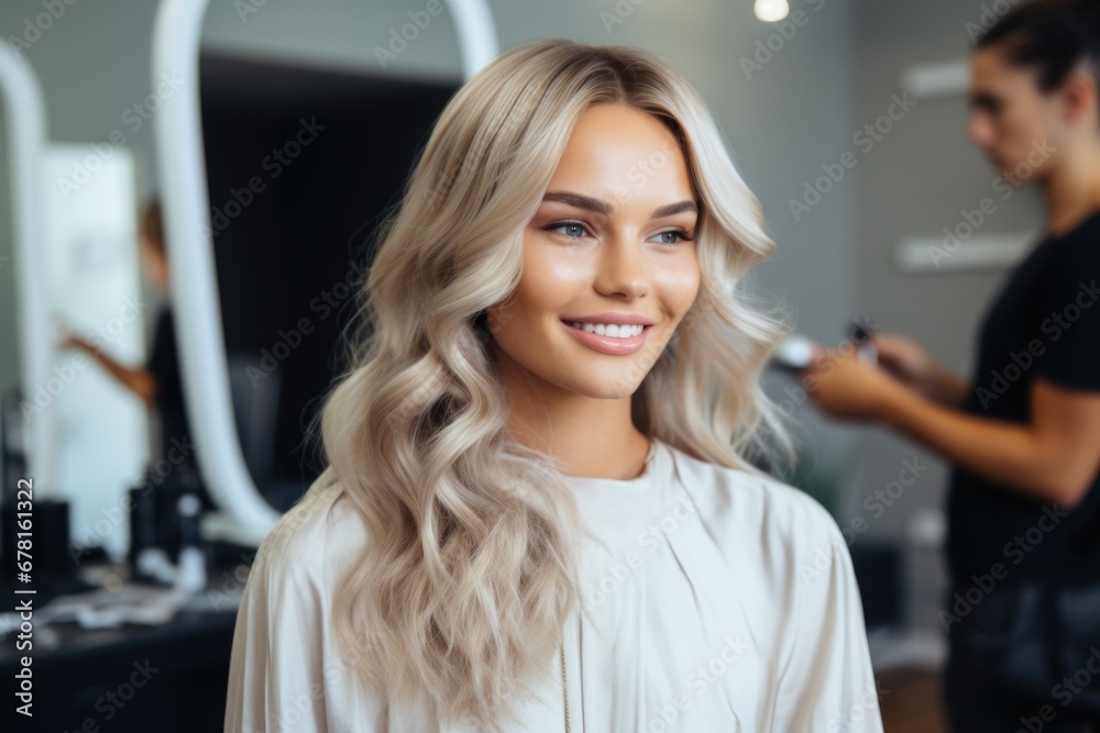 Beautiful hairstyle of young blonde woman after dying hair and making highlights in hair salon. Beautiful hairstyle of young blonde woman after dying hair and making highlights in hair salon.