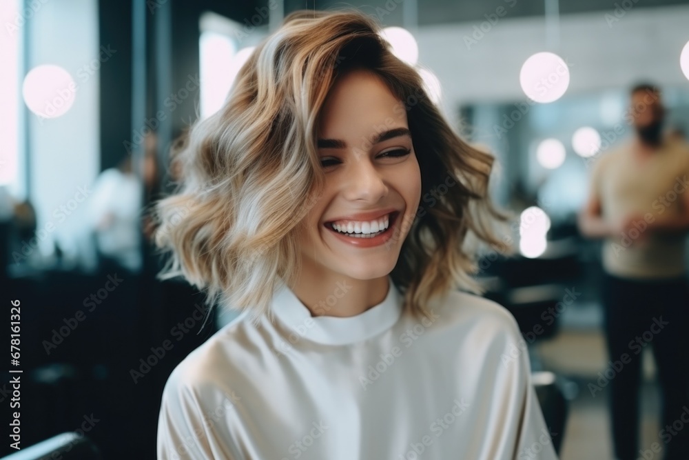 Beautiful hairstyle of young happy woman after dying hair and making highlights in hair salon.