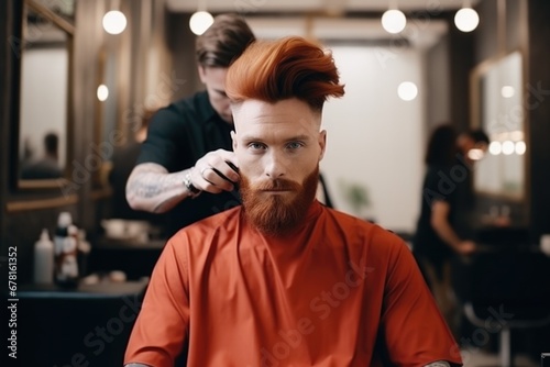 Stylish fashionable man with red hair and beard in a barbershop . Professional stylist, hairdresser, barber does styling for his client in a modern salon.  photo