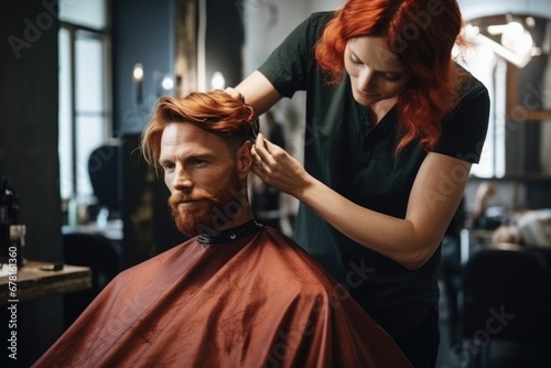 Stylish fashionable man with red hair and beard in a barbershop . Professional stylist woman barber, barber does styling for his client in a modern salon.  photo