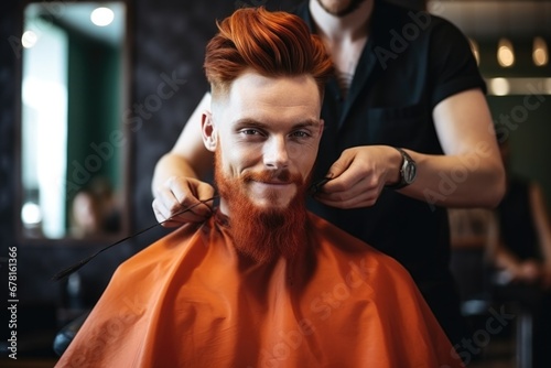 Stylish fashionable man with red hair and beard in a barbershop . Professional stylist, hairdresser, barber does styling for his client in a modern salon. 