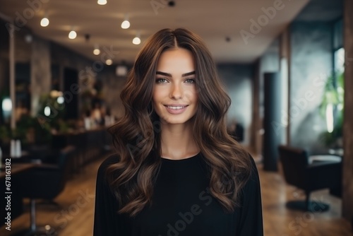 Beautiful stylish young woman after a haircut in a trendy beauty salon . Hair care 