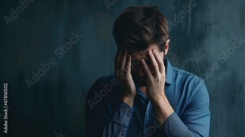 Young male holding his head in dark background. Headache and tiredness. Depressive state. Poor health and symptoms of a cold