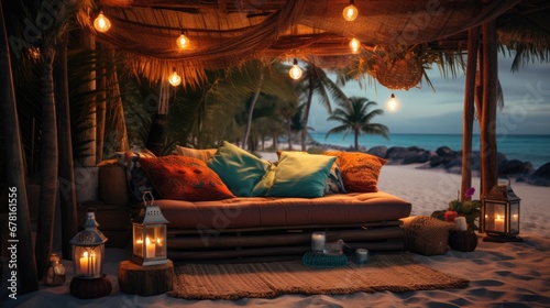 Night luxury hotel relax zone with sofa and cozy lights. Romantic place for vacation 