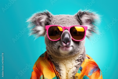 Cute fashionable koala wearing sunglasses and a Hawaiian shirt stands against a bright background . Vacation and fun resort countries .  photo