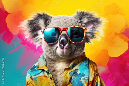 Cool fashionable koala wearing sunglasses and a Hawaiian shirt stands against a bright background . Vacation and fun resort countries .  © Hope