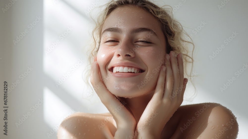 Beautiful Woman with Perfect Skin Touching Her Skin After A Treatment. Dermatology, Spa, Skin Care Concept Beautiful Woman with Perfect Skin Touching Her Skin After A Treatment. Dermatology, Spa, Skin Care Concept