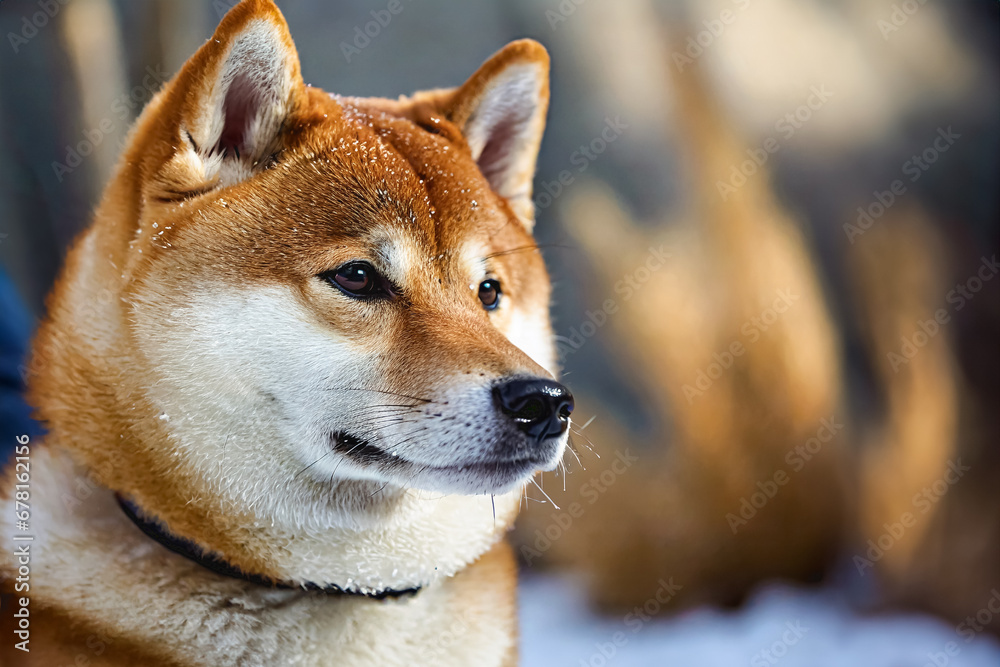 Portrait of a shiba inu dog. Close up on a winter background.