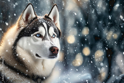 Portrait of a Husky dog in close-up with a snowy landscape © Rojo