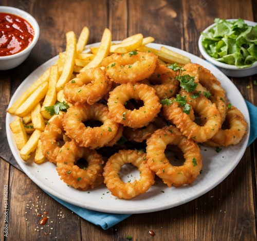 BIG CALAMARI RINGS AND FRIES IN ONE PLATE FROM FRONT VIEW