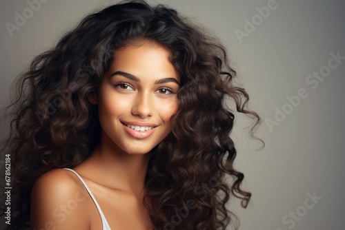 Cheerful photo picture of pretty lovely lady looking in camera with curly haircut
