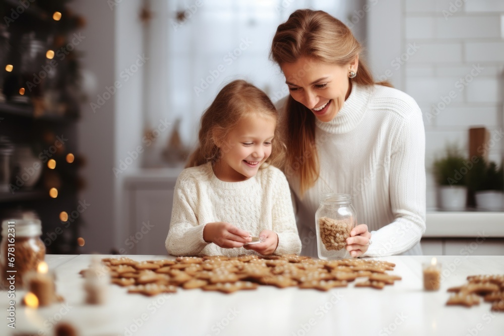 Mom and daughter bake delicious shortbread cookies together in a home kitchen . Warm family ties - obrazy, fototapety, plakaty 
