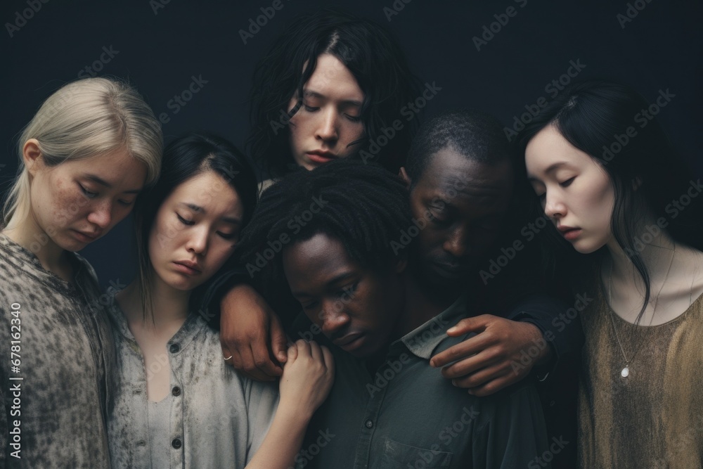 A group of diverse multinational people standing and hugging together showing human support, mental unity and spiritual connection A group of diverse multinational people standing and hugging together showing human support, mental unity and spiritual connection