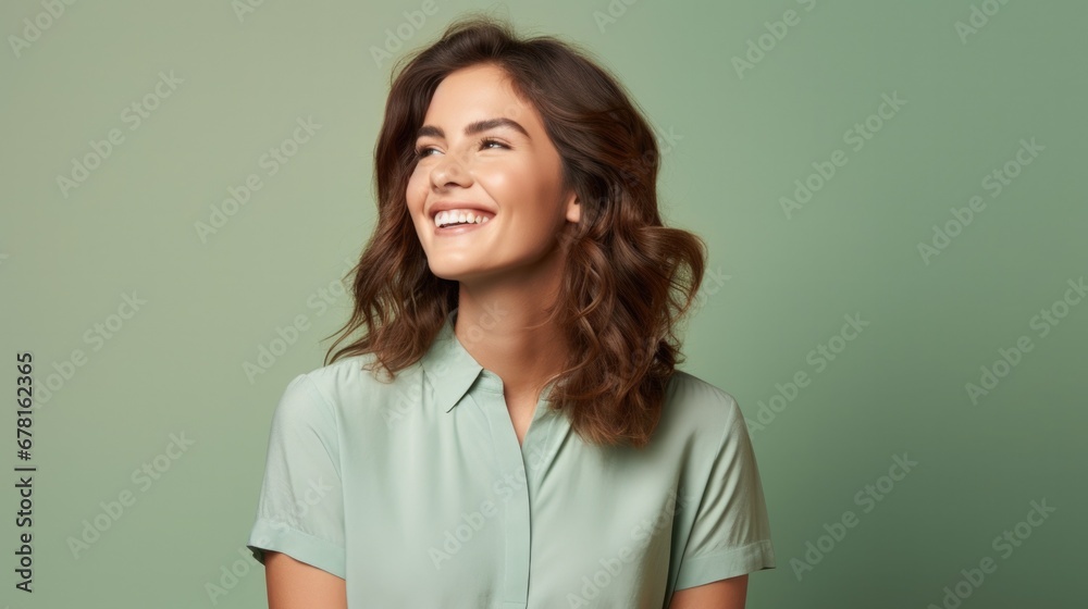 Inspired woman looking away on a green background Inspired woman looking away on a green background