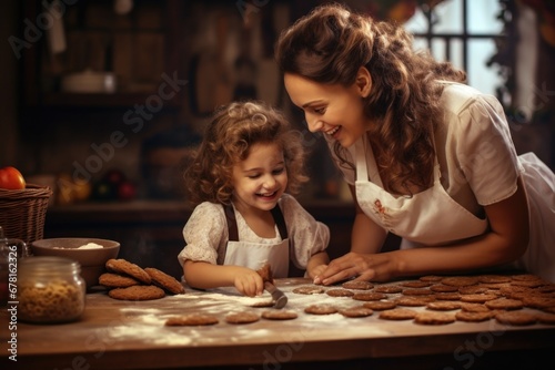 Mom and daughter bake cookies together in a home kitchen . Warm family ties