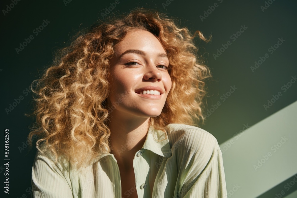Beautiful portrait of a smiling young woman laughing. young Caucasian blonde woman with curly hair laughing on green background with natural light Beautiful portrait of a smiling young woman laughing. young Caucasian blonde woman with curly hair laughing on green background with natural light